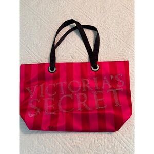 Victorias Secret Tote Bag Womens Size Pink Red Stripe Rhinestone Bold Shopper